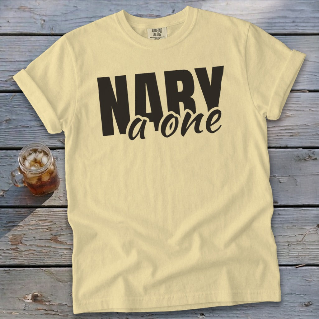 Pale yellow t-shirt with black text "NARY a one" and "COMFORT COLORS" label.
