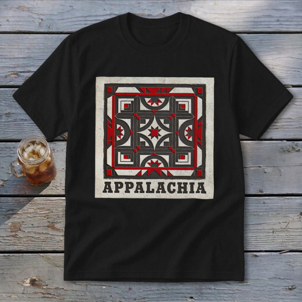 A black t-shirt features a geometric quilt design with red, white, and black shapes and the text Appalachia.
