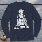 Navy long-sleeve shirt with a white graphic of a boy holding a bucket, reading "Coal Camp Kid".