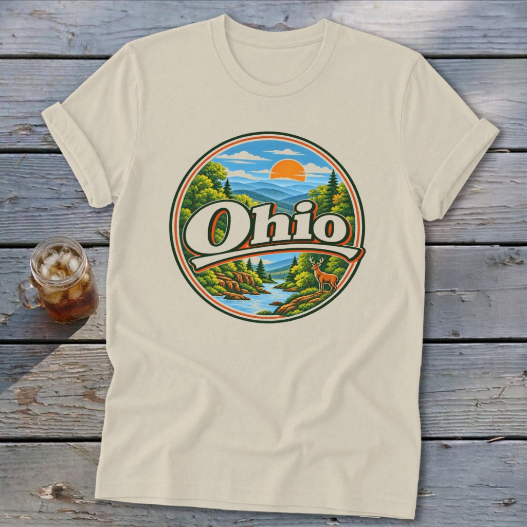 Cream t-shirt with circular Ohio graphic featuring deer and scenic landscape.