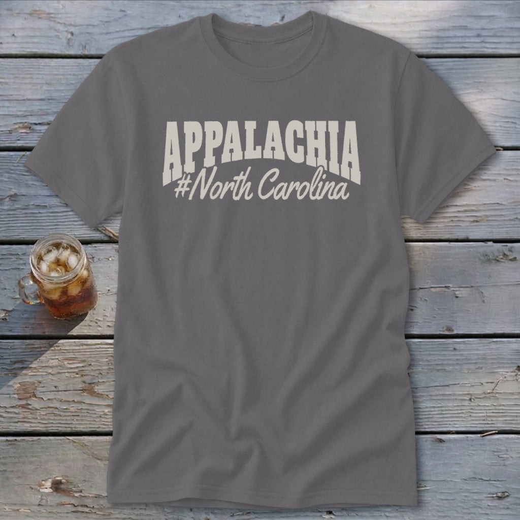 Gray t-shirt with "Appalachia #North Carolina" text in white.