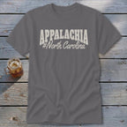 Gray t-shirt with "Appalachia #North Carolina" text in white.