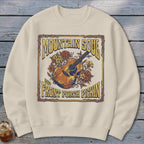 Cream sweatshirt with a vintage guitar and floral graphic reading "Mountain Soul and Front Porch Pickin'".
