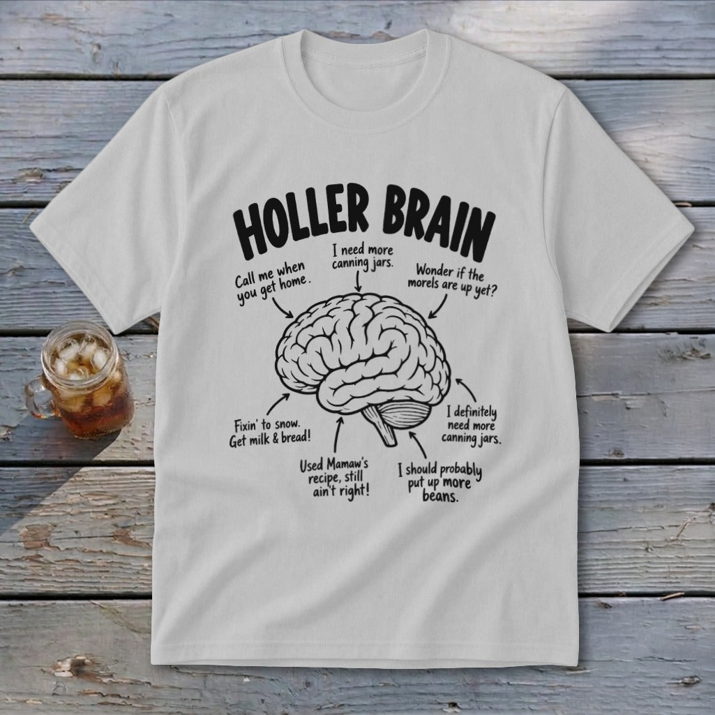 Holler Brain shirt with brain diagram listing canning, snow, and bean-related thoughts.