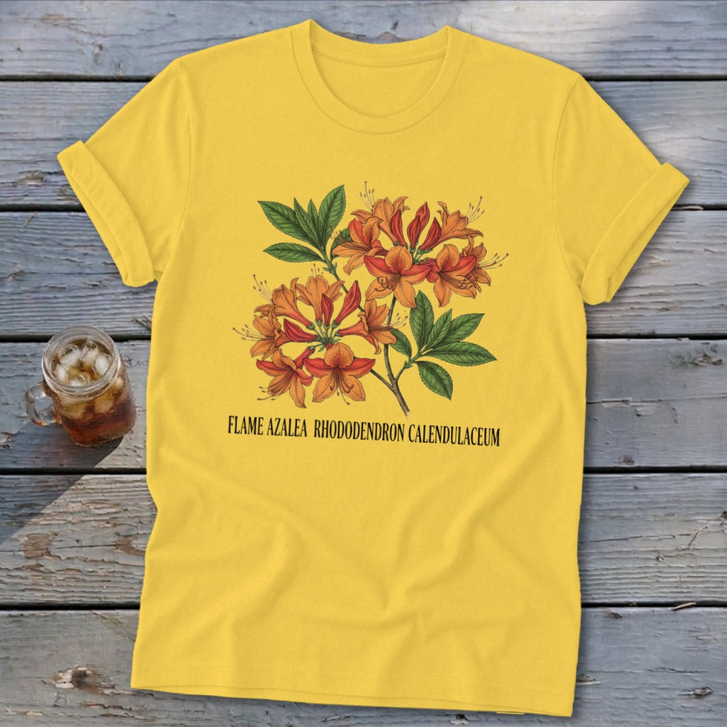 Yellow t-shirt with a vintage illustration of flame azaleas and text.