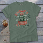 Green t-shirt with graphic of a winter hat and "A Toboggan is for My Noggin."