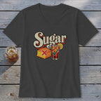 A dark gray V-neck t-shirt featuring a graphic with the text "Sugar" above a piece of cornbread with a red X and a glass of iced tea with a green checkmark.