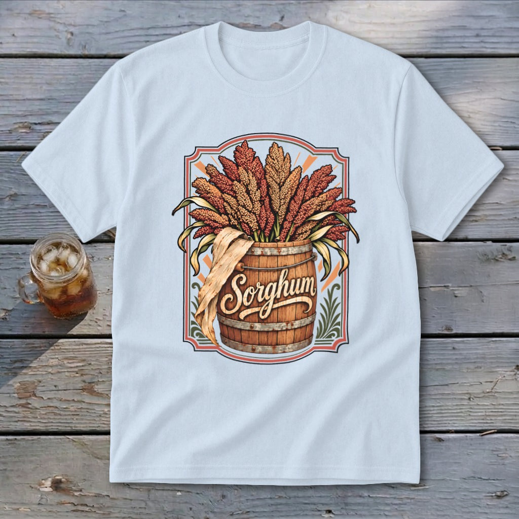 Light blue t-shirt featuring a vintage-style graphic of sorghum stalks in a wooden barrel.