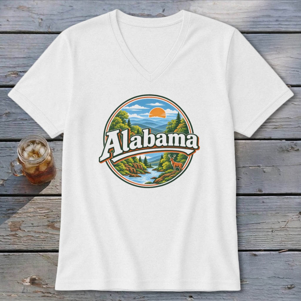 White t-shirt with circular "Alabama" graphic featuring a deer, river, and mountains.