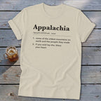 Beige t-shirt featuring a dictionary-style definition of Appalachia printed in black on the front.