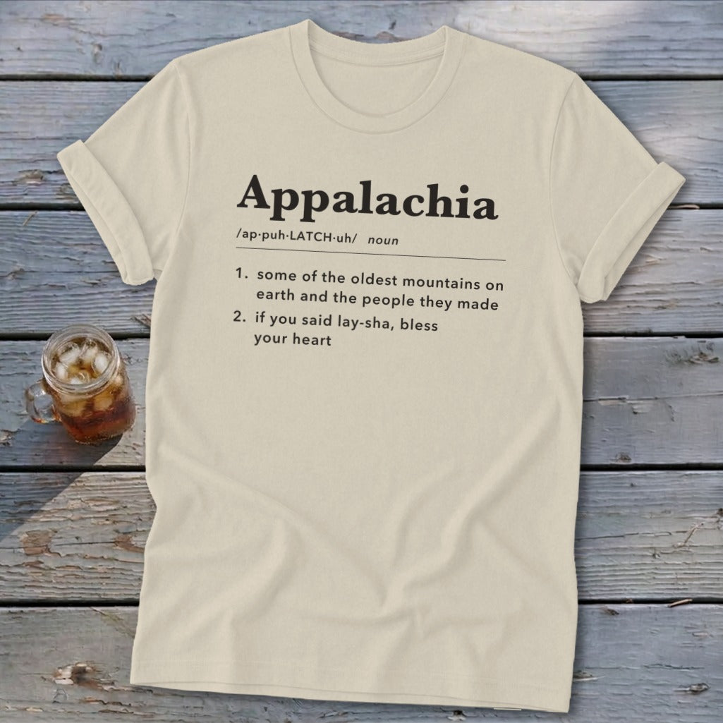 Beige t-shirt featuring a dictionary-style definition of Appalachia printed in black on the front.