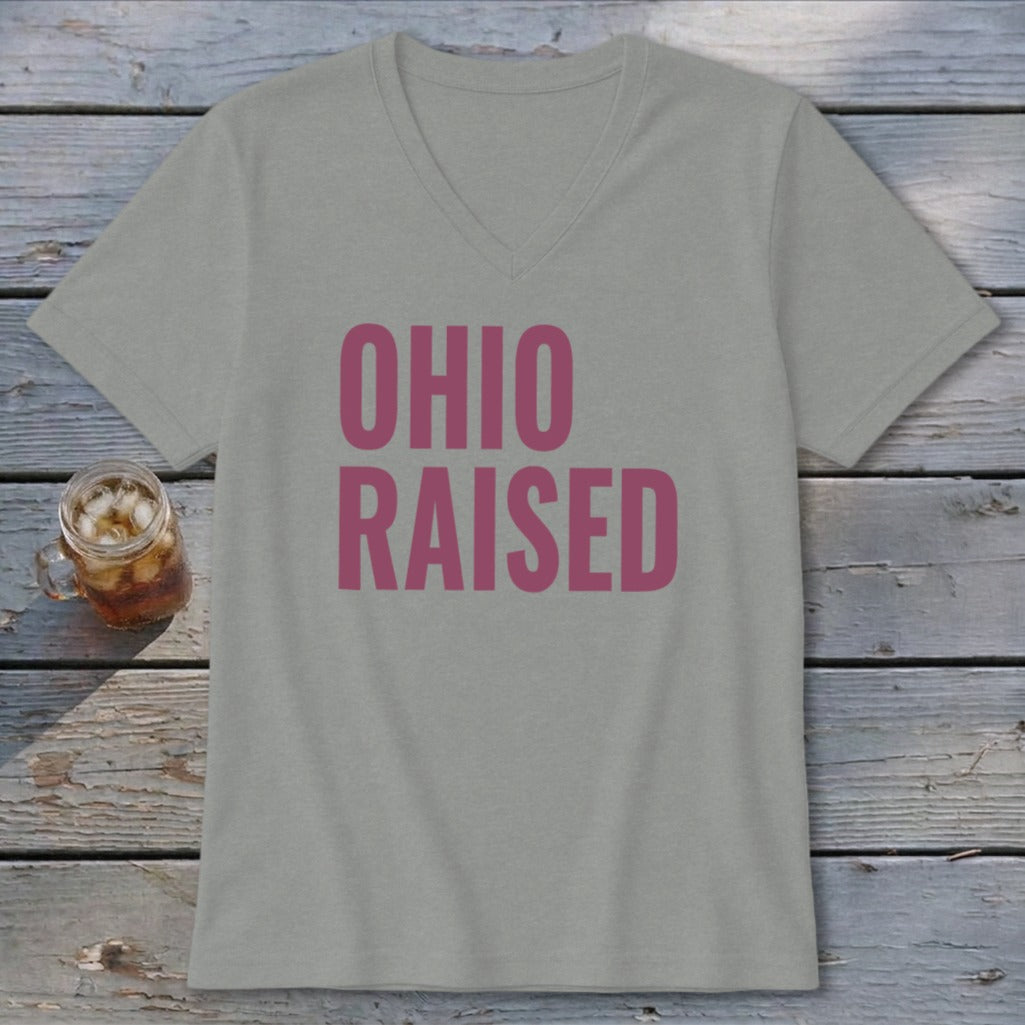 Grey v-neck t-shirt with "OHIO RAISED" in pink text.