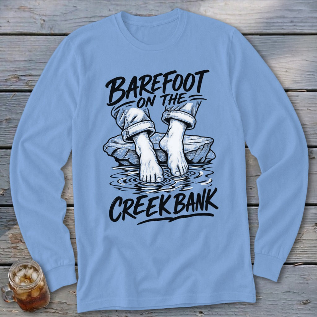 Long sleeve blue t-shirt with "Barefoot on the Creek Bank" text and graphic.