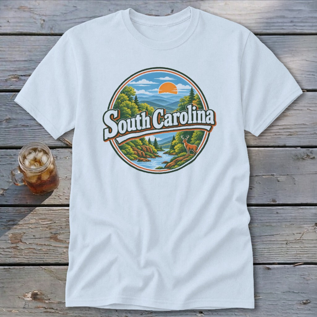 T-shirt with circular graphic of South Carolina landscape, deer, and text "South Carolina".
