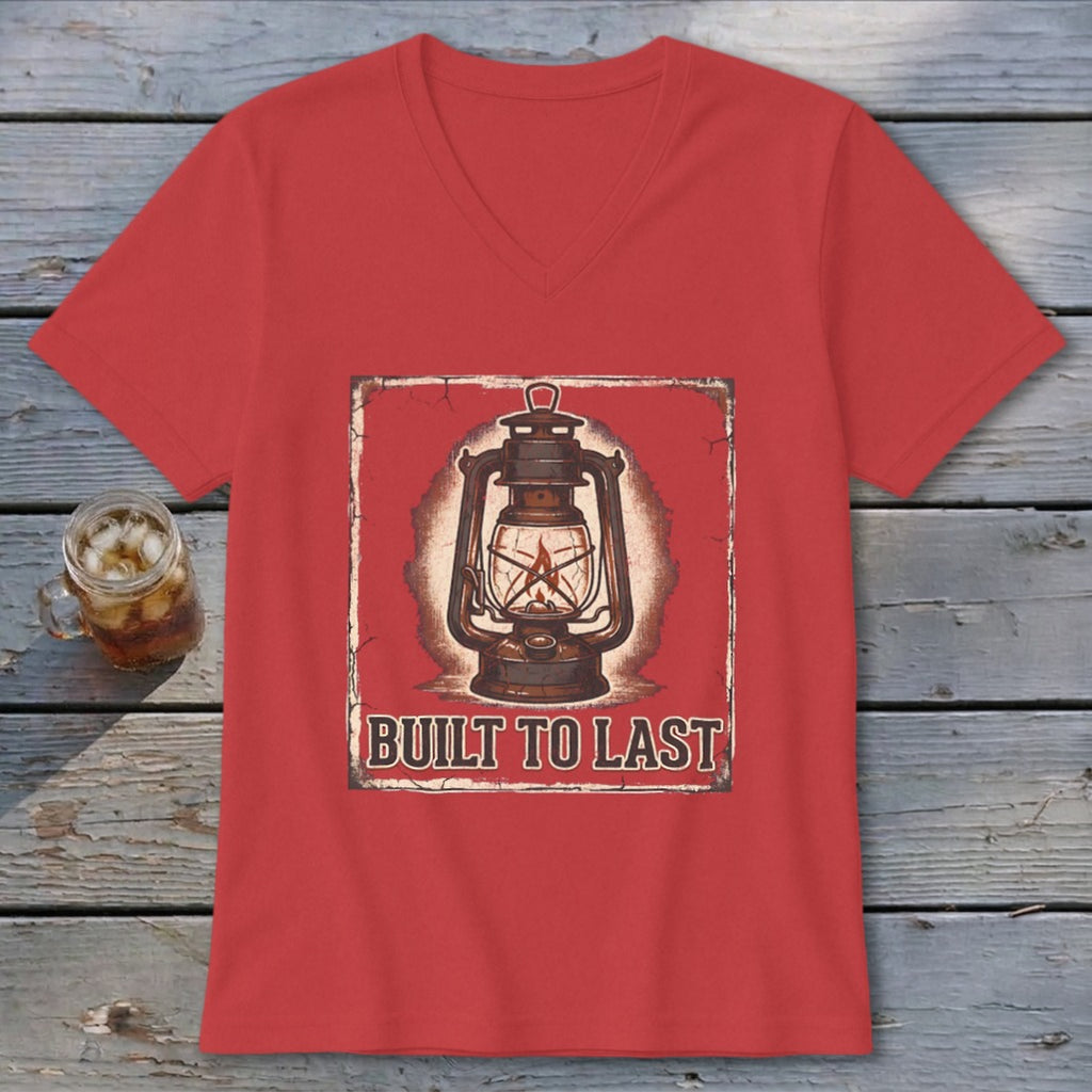 Red V-neck t-shirt with a vintage lantern graphic and text "BUILT TO LAST".