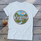 T-shirt with circular graphic featuring "Virginia" and a scenic mountain landscape with a deer.