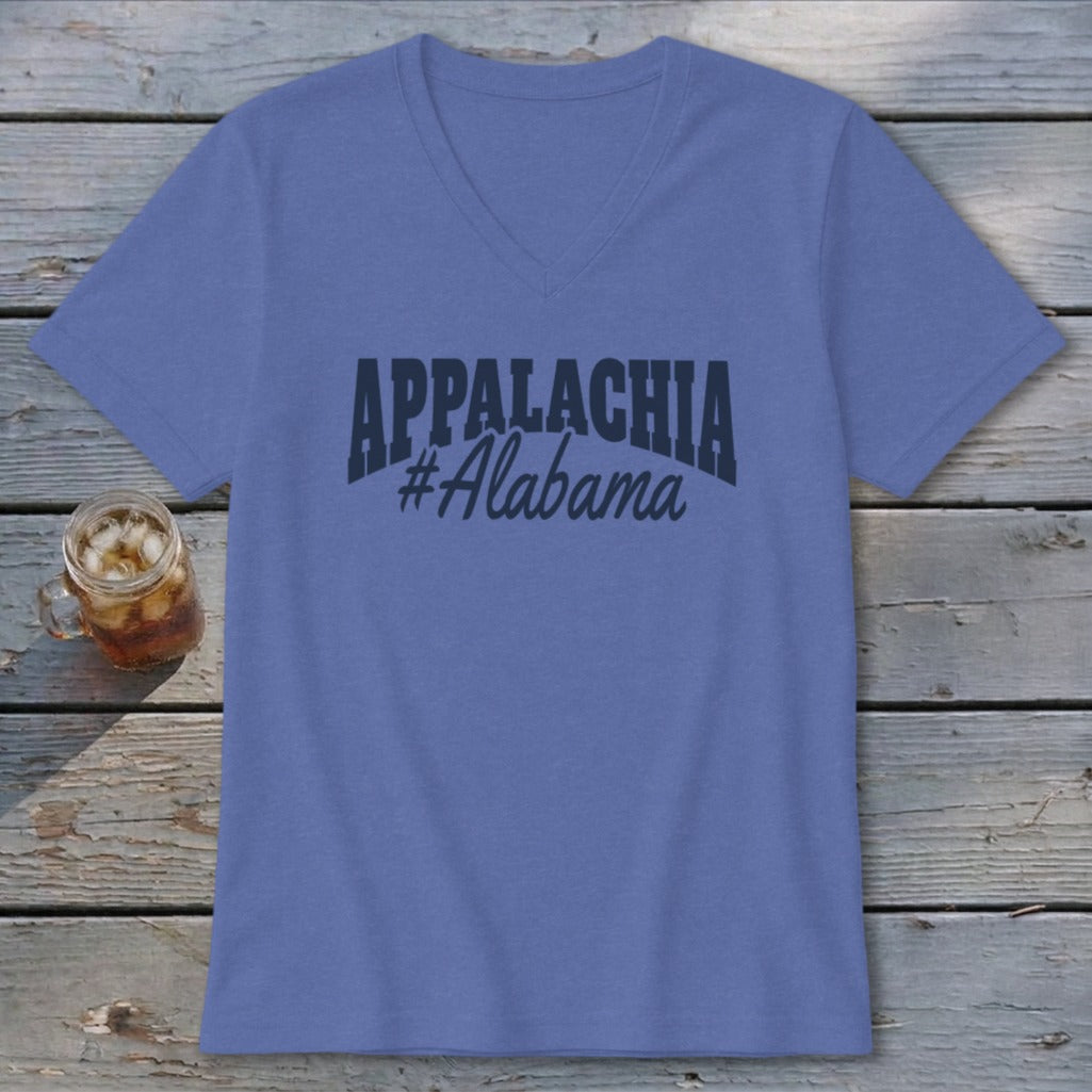Purple v-neck t-shirt with "APPALACHIA #Alabama" text.