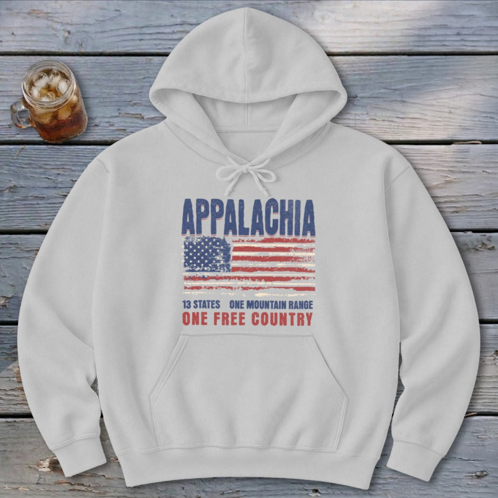 Light gray hooded sweatshirt with Appalachia, an American flag, and patriotic text printed on the front.