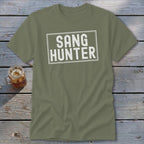 Olive green t-shirt with white "SANG HUNTER" text in a distressed rectangle.