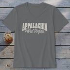 Gray v-neck t-shirt with "APPALACHIA #West Virginia" graphic.