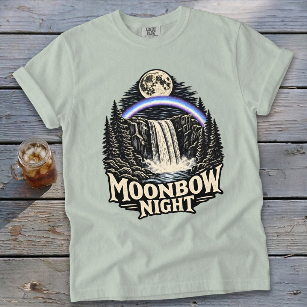 Light green t-shirt with "Moonbow Night" graphic featuring a waterfall and moon.