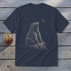 Navy t-shirt with a detailed drawing of a bear sitting on a rock, looking at the moon and stars.