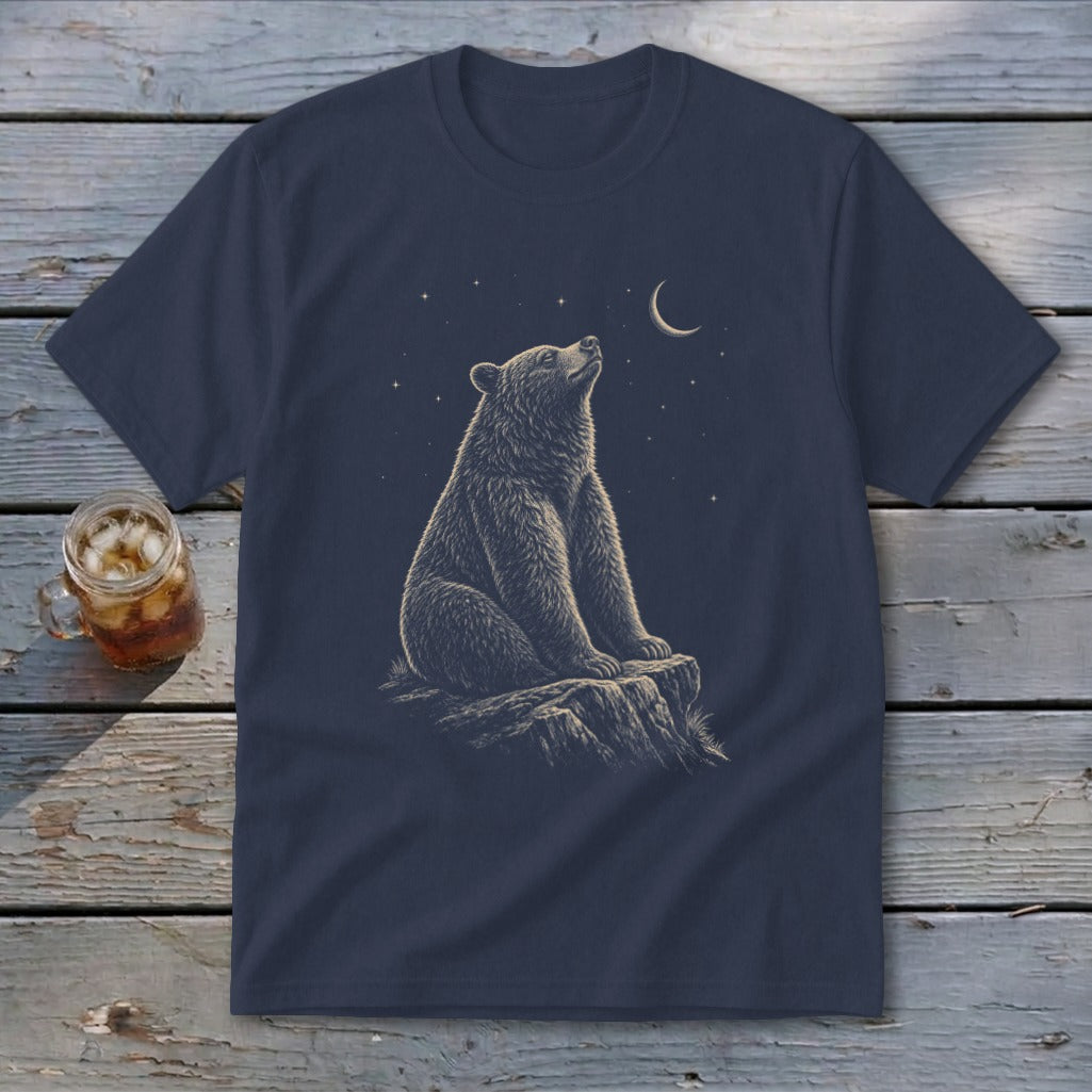 Navy t-shirt with a detailed drawing of a bear sitting on a rock, looking at the moon and stars.
