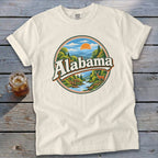 Cream t-shirt with circular graphic featuring "Alabama" and a deer by a river.