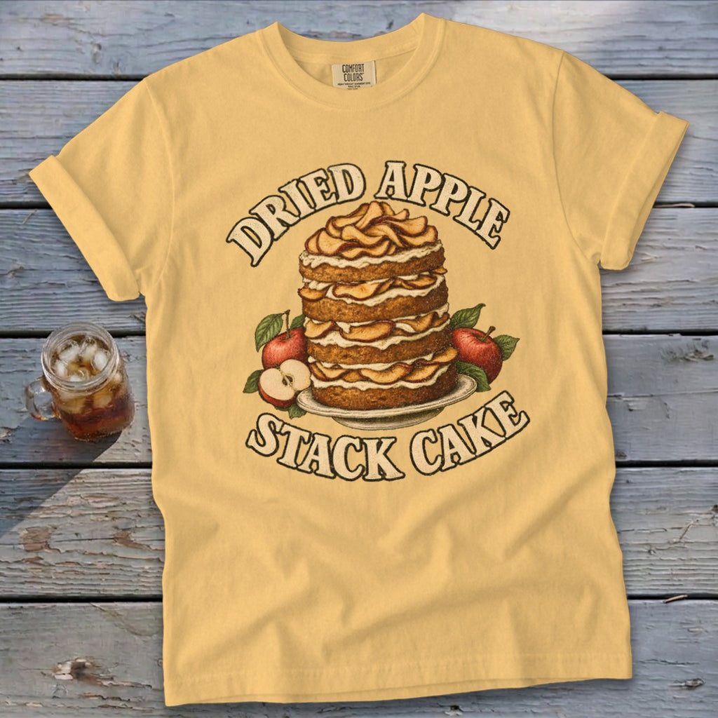 Yellow t-shirt with "Dried Apple Stack Cake" graphic featuring a stacked cake.