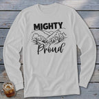 White long-sleeve shirt with "Mighty Proud" text and scenic landscape design.