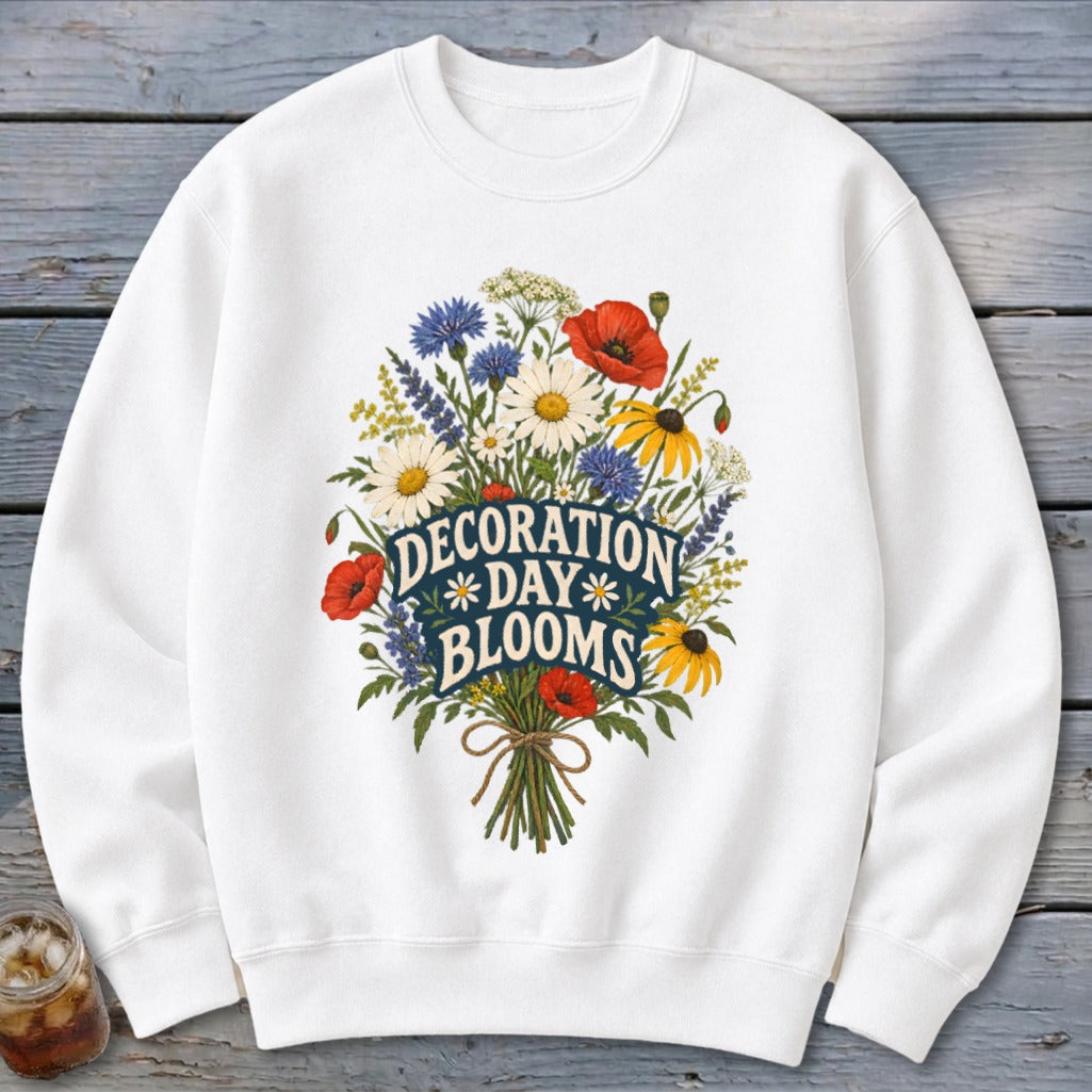 White sweatshirt with "Decoration Day Blooms" text over a wildflower bouquet graphic.