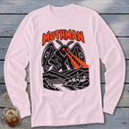 Mothman graphic with red laser eyes over a town and bridge.