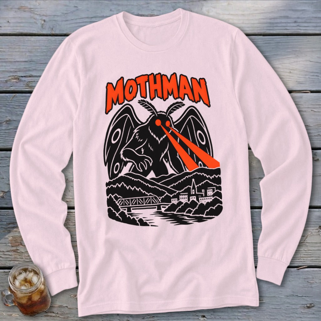 Mothman graphic with red laser eyes over a town and bridge.