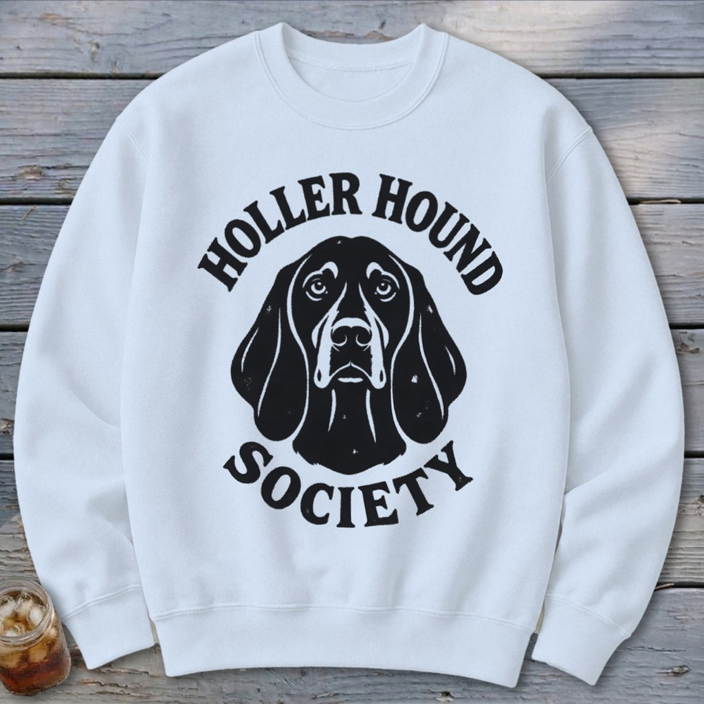 White sweatshirt with black "Holler Hound Society" text and dog graphic.