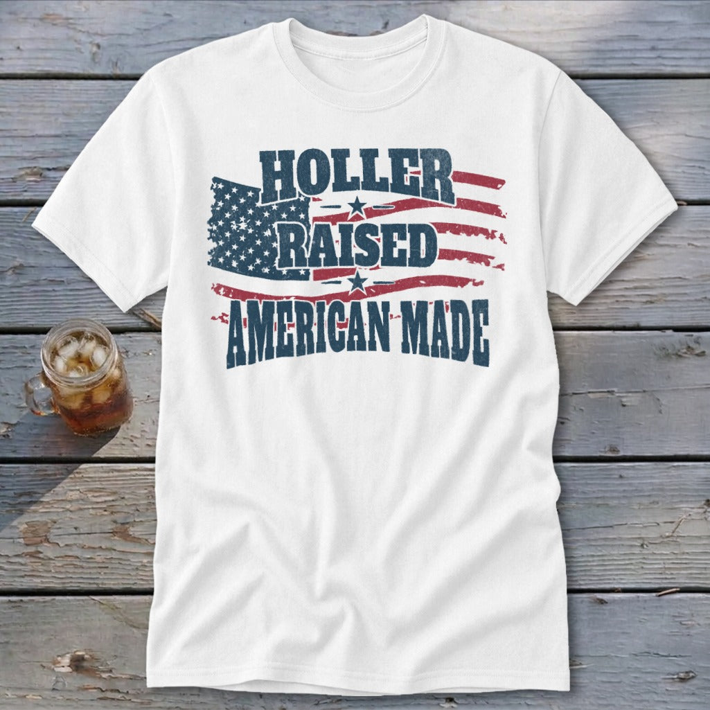 White t-shirt with distressed American flag graphic and text: Holler Raised American Made.