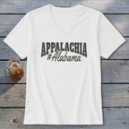 White v-neck t-shirt with "APPALACHIA #Alabama" graphic.