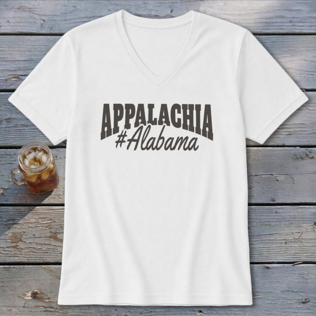 White v-neck t-shirt with "APPALACHIA #Alabama" graphic.