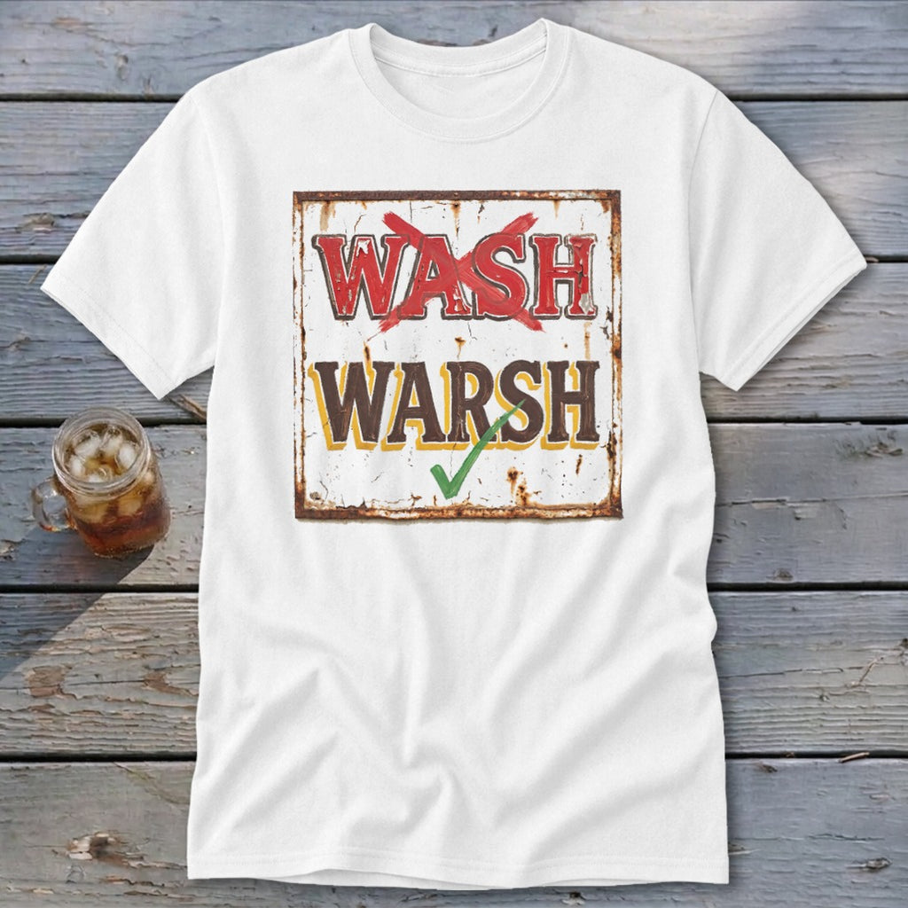 White crewneck t-shirt featuring a distressed graphic with the words WASH crossed out and WARSH checked.