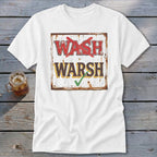 White crewneck t-shirt featuring a distressed graphic with the words WASH crossed out and WARSH checked.