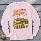 Pink long-sleeve shirt with "Dulcimer Dreams" text, dulcimer, flowers, and mountains.