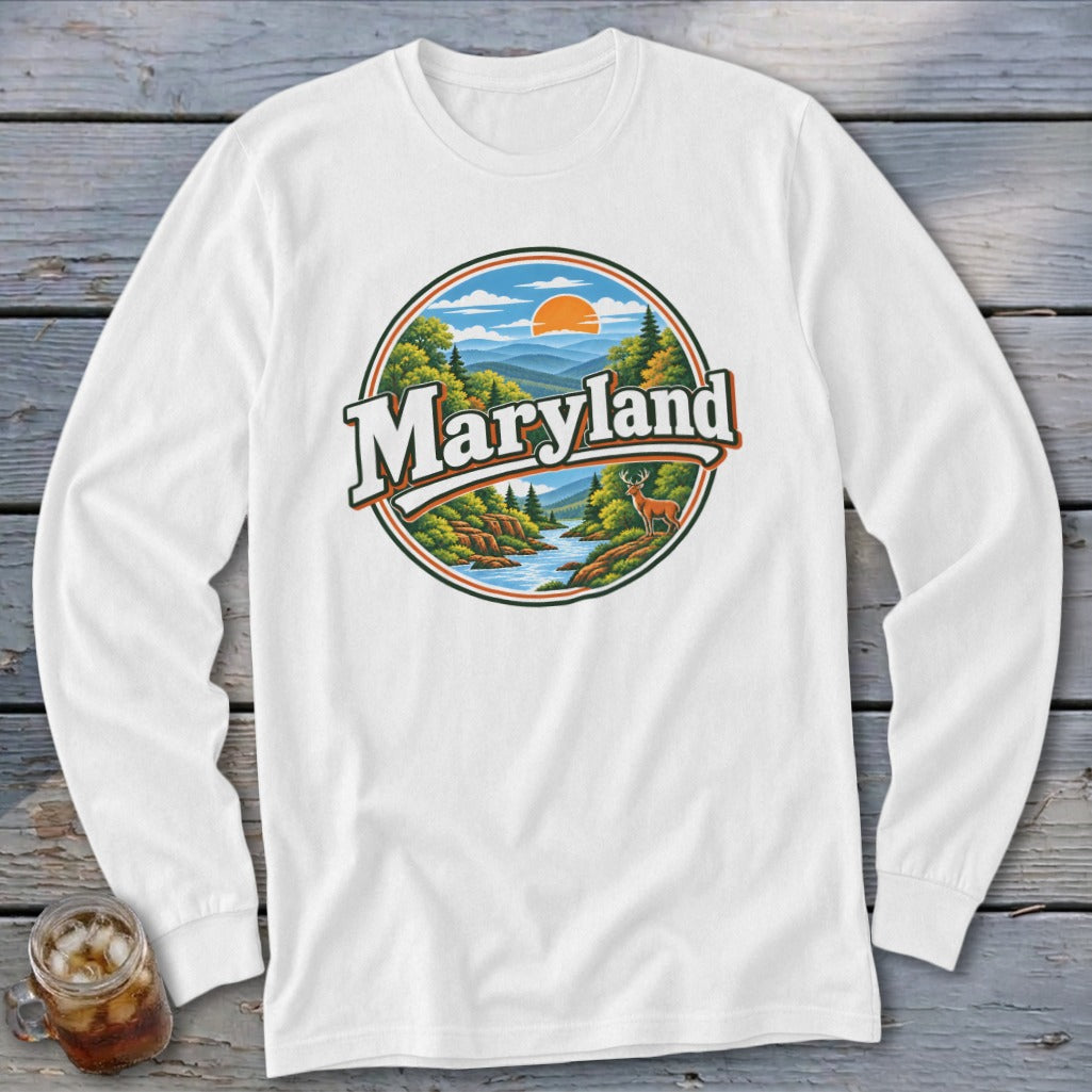 White long-sleeve shirt with circular Maryland landscape graphic featuring a deer.