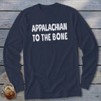 Navy long-sleeve shirt with white text reading "APPALACHIAN TO THE BONE".