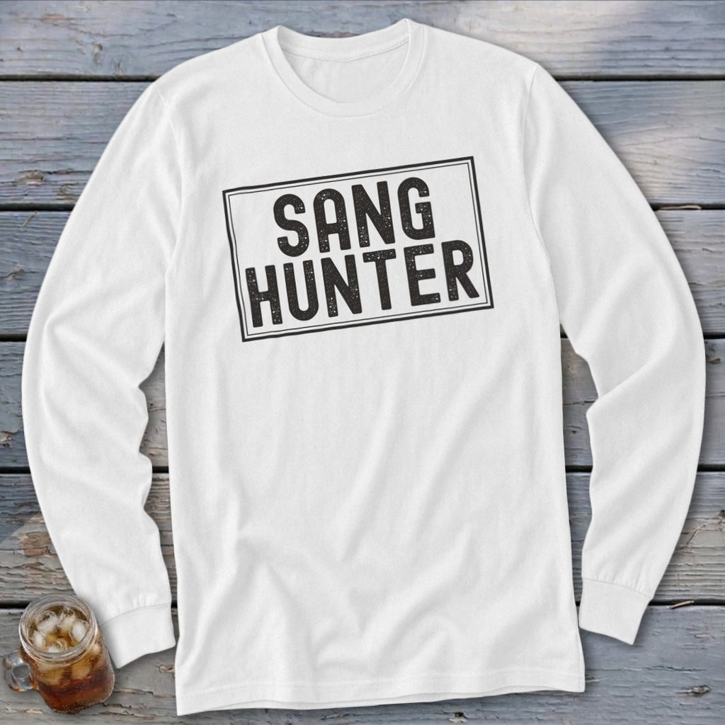 White long-sleeve shirt with "SANG HUNTER" text in a distressed black rectangle.