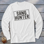 White long-sleeve shirt with "SANG HUNTER" text in a distressed black rectangle.