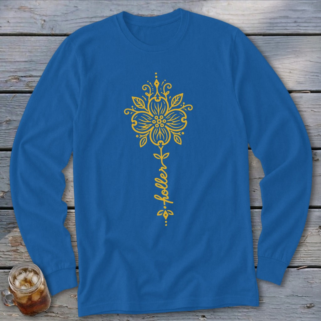 Blue long-sleeve shirt with yellow floral design and the word "holler"