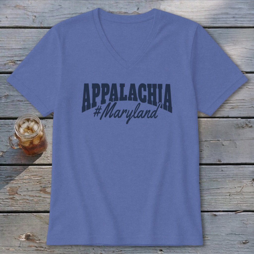 Purple v-neck t-shirt with "APPALACHIA #Maryland" graphic and glass of iced tea.