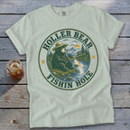 Bear fishing on a river, surrounded by text "Holler Bear Fishin' Hole".