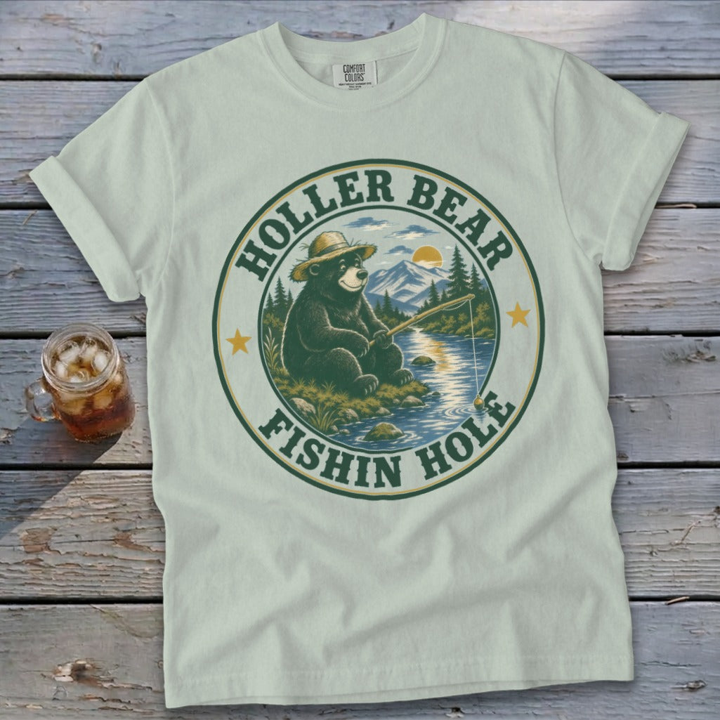 Bear fishing on a river, surrounded by text "Holler Bear Fishin' Hole".