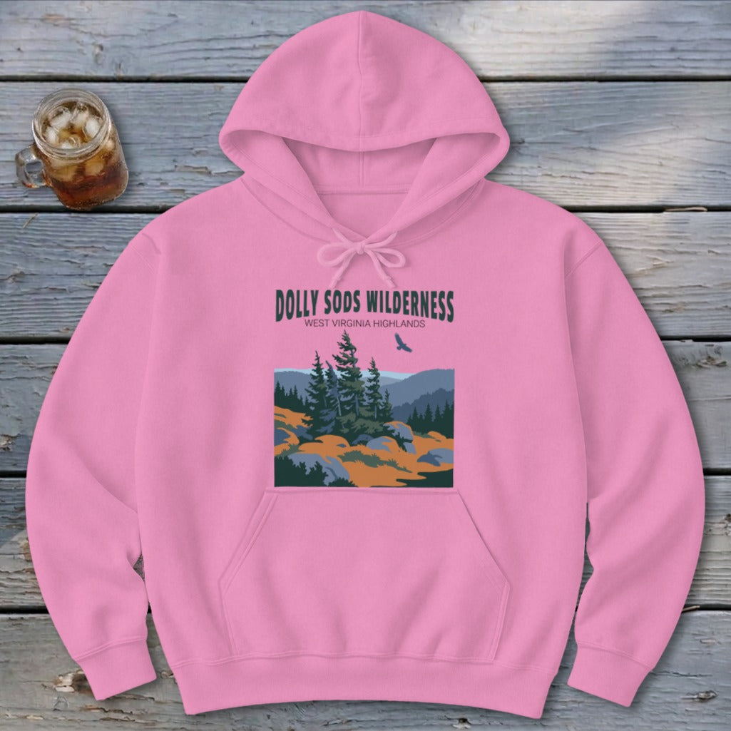 A pink hooded sweatshirt featuring a graphic of Dolly Sods Wilderness with pine trees and mountains.