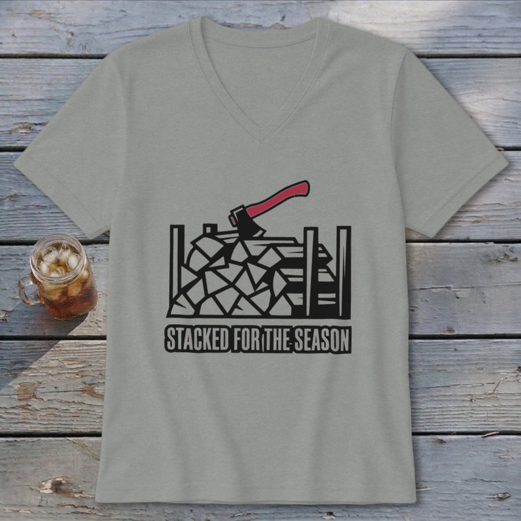 Light grey t-shirt with graphic of stacked wood and axe, text "STACKED FOR THE SEASON".